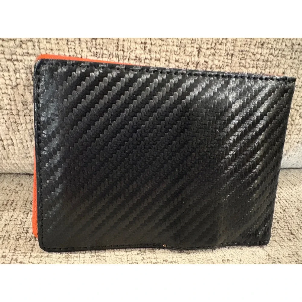 Runbox Mens Bifold Wallet Carbon Fiber Black Orange Money Clip ID Window